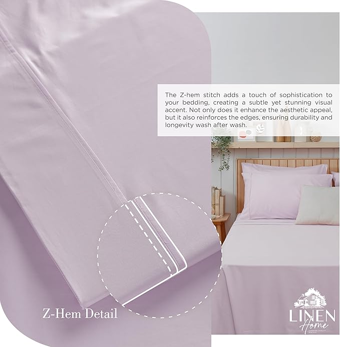 Linen Home 100% Cotton Percale Sheets Queen Size, Iris Lilac, Deep Pocket, 4 Pieces Set - 1 Flat, 1 Deep Pocket Fitted Sheet and 2 Pillowcases, Crisp Cool and Strong Bed Linen
