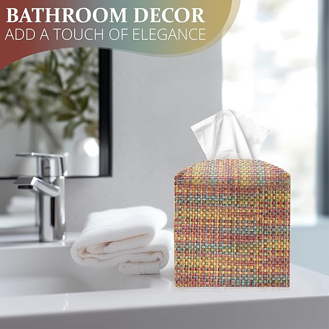 Tissue Box Cover, PU Leather Tissue Box Holder with Bottom Belt, Modern Square Tissue Box Covers with Wide Opening (Dark Mix Color, Woven Patterns)