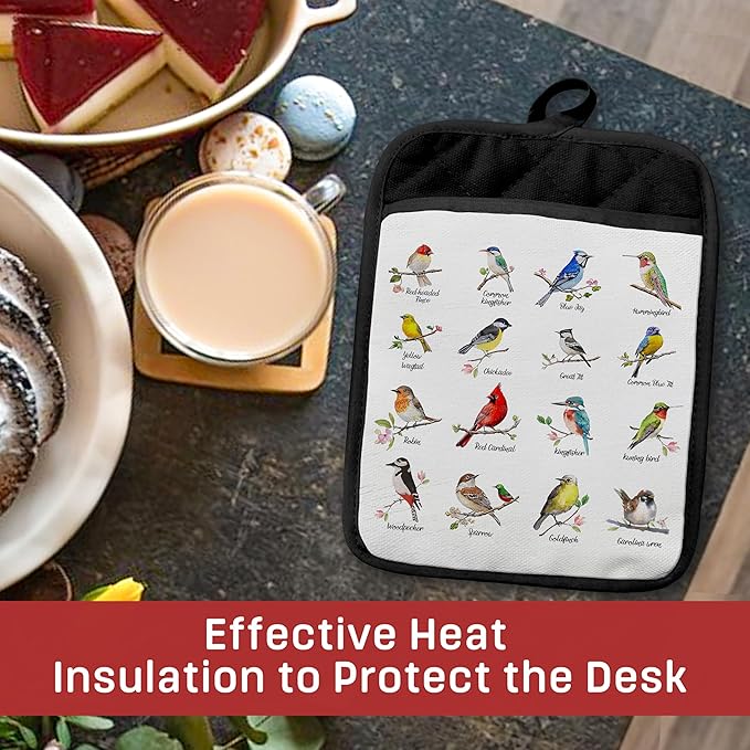 Birds on Branch Pot Holders with Pockets, Gifts for Bird Lovers, Bird Species Oven Pot Holders Heat Resistant Oven Mitts Hot Pads for Kitchen Baking Cooking, Set of 2