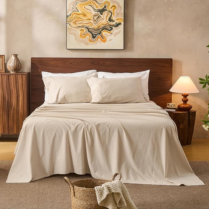 100% Linen Sheets King Size,Breathable & Durable 4-Piece Bed Flax Sheet Set,Soft All-Season Bedding for Hot Sleepers 16" Deep Pocket Oeko-TEX Certified,（King, Linen）
