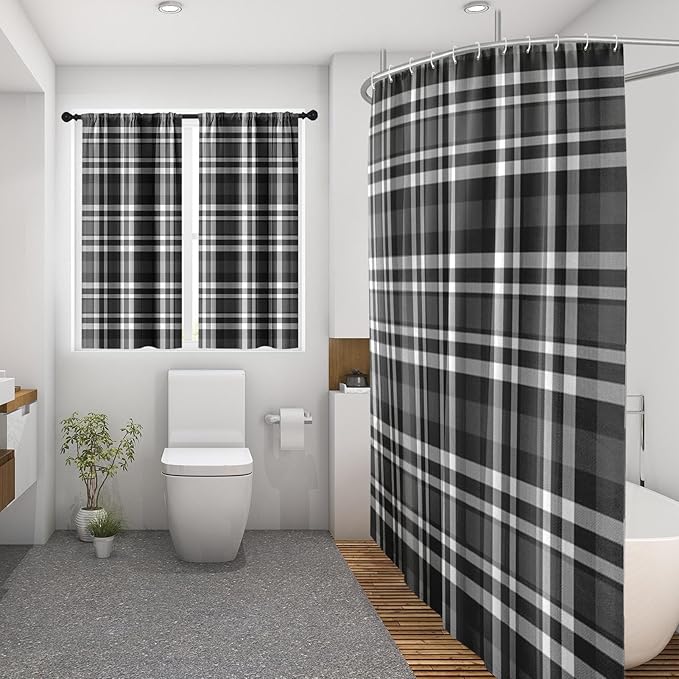 Culudea Plaid Black White Grid Shower Curtain Set, Checkered Modern Geometric Bathroom Window Waffle Cloth Waterproof Shower Curtains for Bathroom Decor