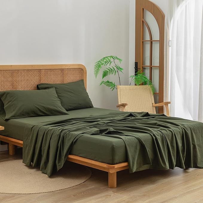 BESTOUCH Sheet Set 100% Washed Cotton Linen Feel Super Soft Comfortable Chic Lightweight 4 Pcs Home Bedding Set Solid Olive Green Cal King
