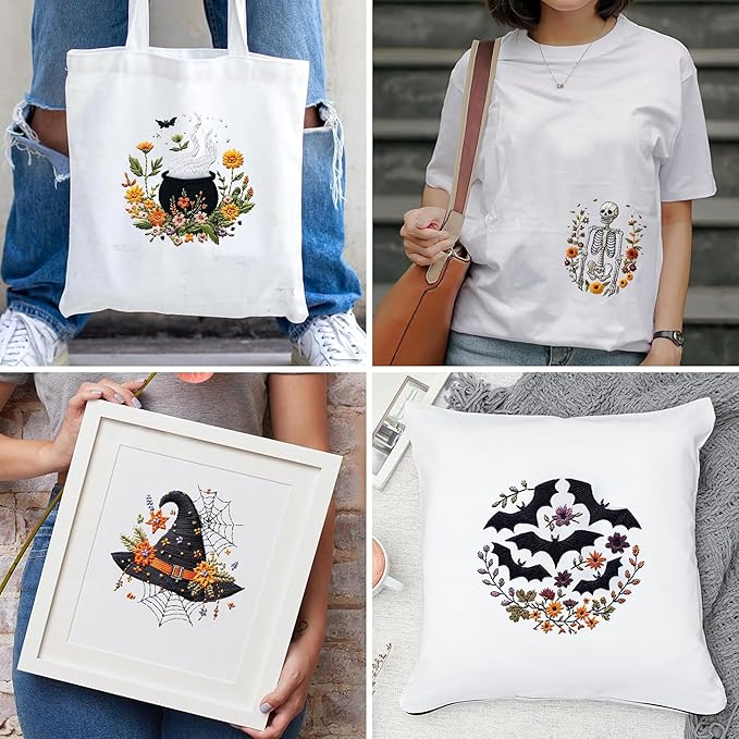 QBQBQ 4 Set Embroidery Kit for Beginners, Cross Stitch Kits Include 6 Inch Hoop, Needles, Threads, DIY Crafts for Adults, Halloween, Skull & Witch Hat Pattern, Home Decor Gift Idea