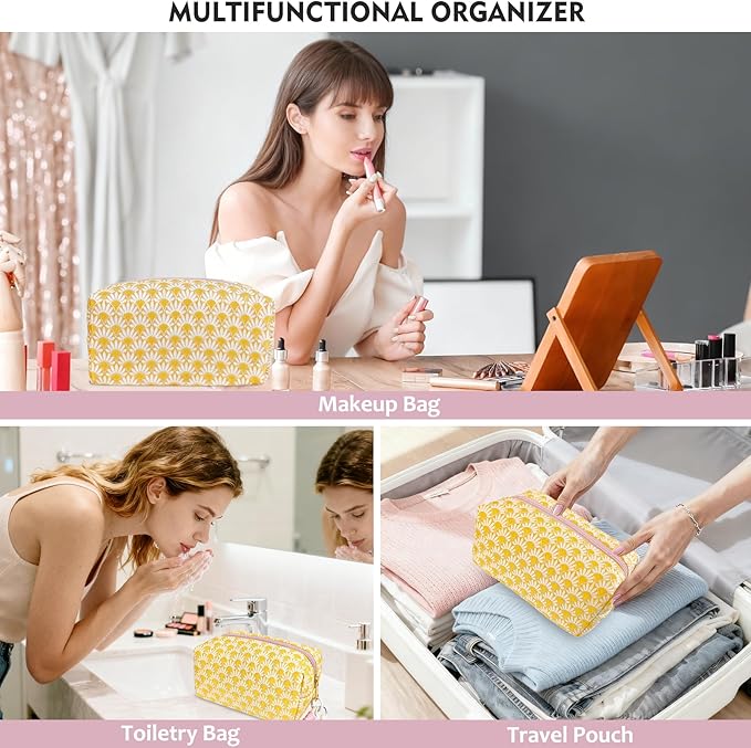 STARDW Aesthetic Floral Makeup Bag with Wrist Strap, Small Cute Cosmetic Pouch for Women with Zipper and Canvas Lining