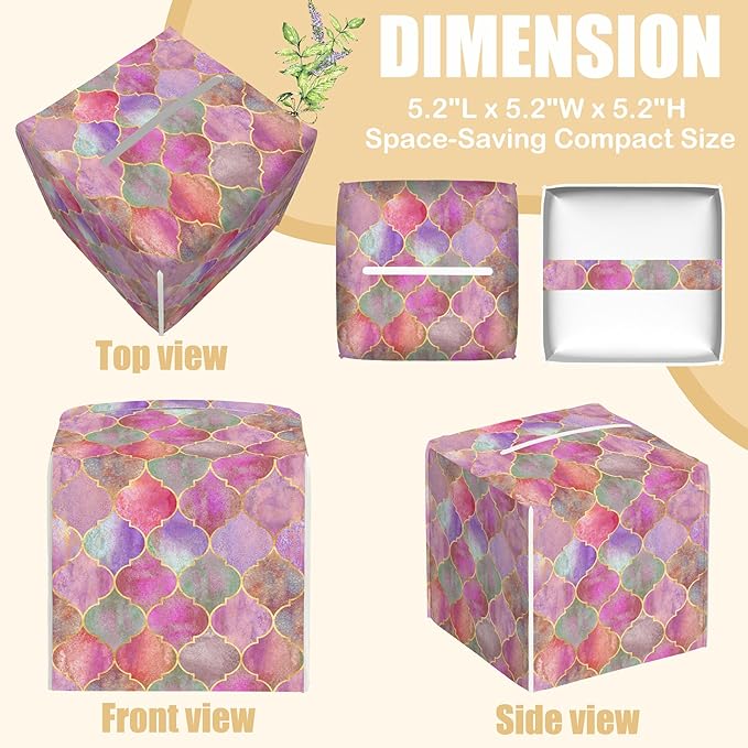 BLYKVGHQ Pink Moroccan Quatrefoil Tissue Box Cover Square, Tissue Box Holder with Bottom Belt Leather Facial Paper Organizer Dispenser for Bathroom Bedroom Dresser Night Stand Tabletop