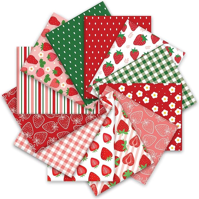 JarThenaAMCS 12Pcs Strawberry Cotton Fabric Bundles 18 x 22 Inch Strawberry Flower Plaid Fat Quarters Colorful Sewing Fabrics for DIY Craft Party Decor