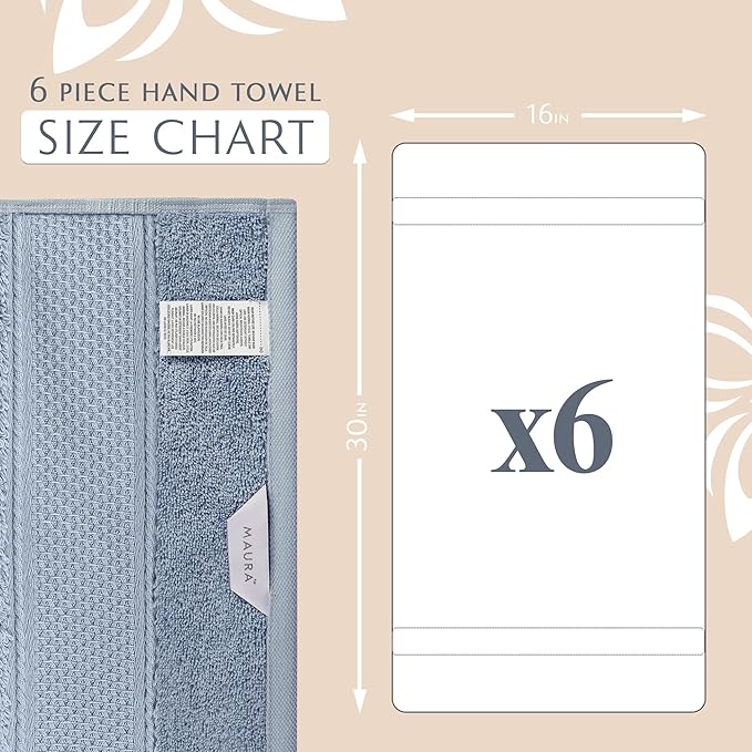 MAURA Light Blue Hand Towels for Bathroom. Luxury Turkish Cotton Bath Hand Towels Set of 6. Ultra-Soft, Thick & Plush - Serenity Blue