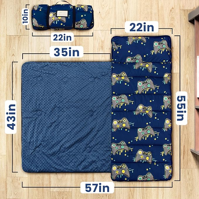 Beavtaens Toddler Nap Mat with Pillow and Minky Blanket, Large 55"x35" Sleeping Bag, Washable, Lightweight, Easy to Roll, Perfect for Preschool, Daycare, Kindergarten, Travel, Boys and Girls(Gamepad)