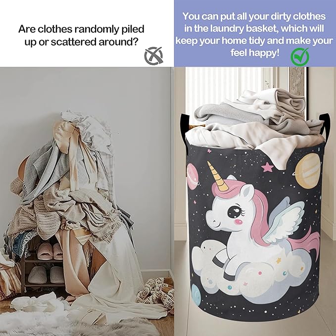 Laundry Basket,Cute Unicorn Large Canvas Fabric Lightweight Storage Hamper Organizer Dirty Clothes Collapsible Waterproof for College Dorms,Bathroom
