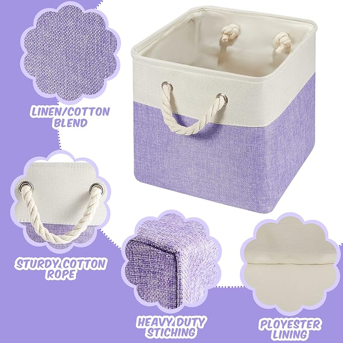 Geiserailie 6 Pcs 11 x 11 Inch Cube Storage Bins Fabric Storage Organizer Bins Foldable Cube Baskets with Sturdy Carry Handles Wicker Baskets for Home (White,Purple)