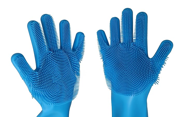 Tesmarks Pet Grooming Gloves - Hair Removal, Massage, and Bathing Shampoo Gloves in Blue