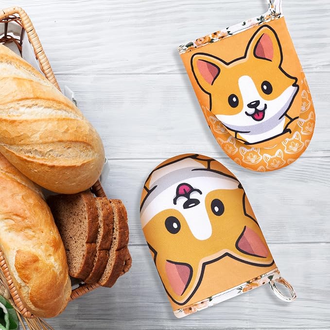Mini Oven Mitts Cute,Silicone Oven Mitts Heat Resistant 500℉ with Non-Slip Grip and Soft Quilted Cotton Lining for Kitchen Cooking and Baking. Machine Washable-Dog