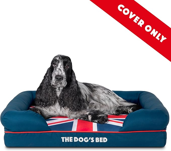 The Dog's Bed Replacement Outer Cover for The Dog's Bed Orthopedic Memory Foam Dog Bed. Washable Oxford Fabric, Medium (Blue with Red Piping UK Flag Embroidery & Centre Flag) Veterinary Approved
