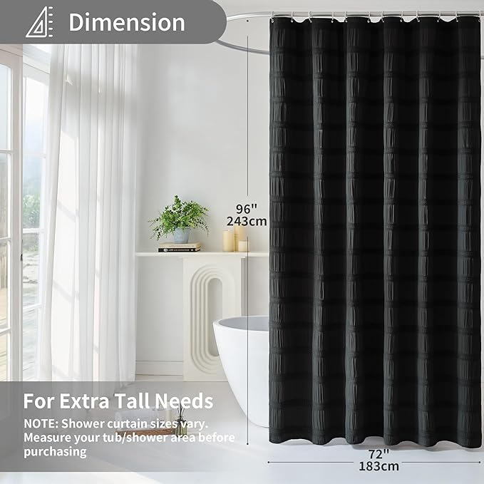 Lameirose Extra Long Black Shower Curtain Farmhouse,72 x 96 Cotton Blend Waffle Tufted Striped Chic Textured Fabric Shower Curtain for Bathroom, Hotel, Washable