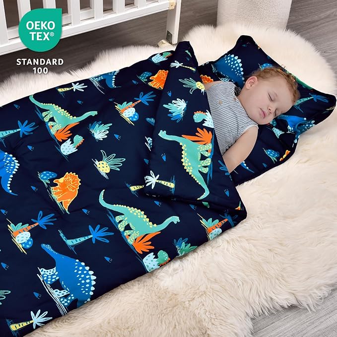 david's kids Toddler Nap Mat Set with Removable Pillow, Ultra Soft Slumber Bags for Boys, Perfect for Preschool, Daycare, Kids Sleeping Bags with Rollup Design, 50"x20", Dinosaur