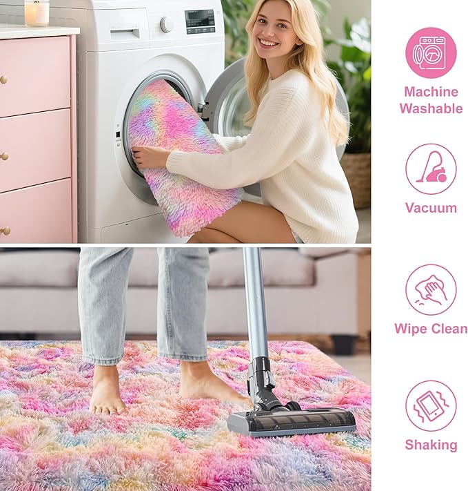 3x5 Pastel Rainbow Rug for Girls Bedroom, Fluffy Colorful Unicorn Rug for Kids Room Cute Floor Carpets Shaggy Playing Mat for Toddler Baby Girls Room Nursery Home Tie-Dyed Rainbow Rugs