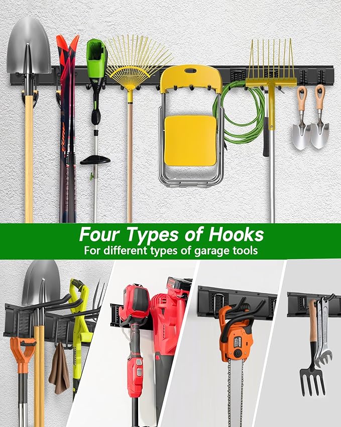 PIYILO 64 inches Garage Tool Organizer Wall Mount, Heavy Duty Garden Tool Organizer Rack, Hanging Storage Organization Racks Holder with 10 Hooks, for Lawn Tools, Shovel, Shed