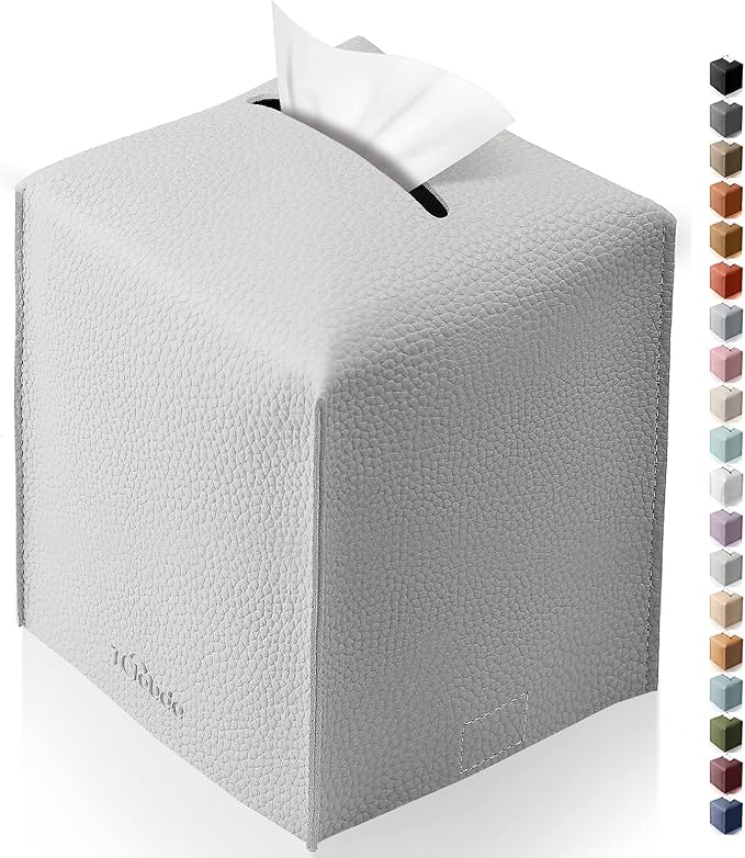 Tclouda Tissue Box Cover for PU Leather, Modern Simple Solid Color Holder Square Tissue Bag, Ideal for Bathrooms,Office,Car,Outdoor Tent,Dining Table,5"X5"X5", Single Light Grey