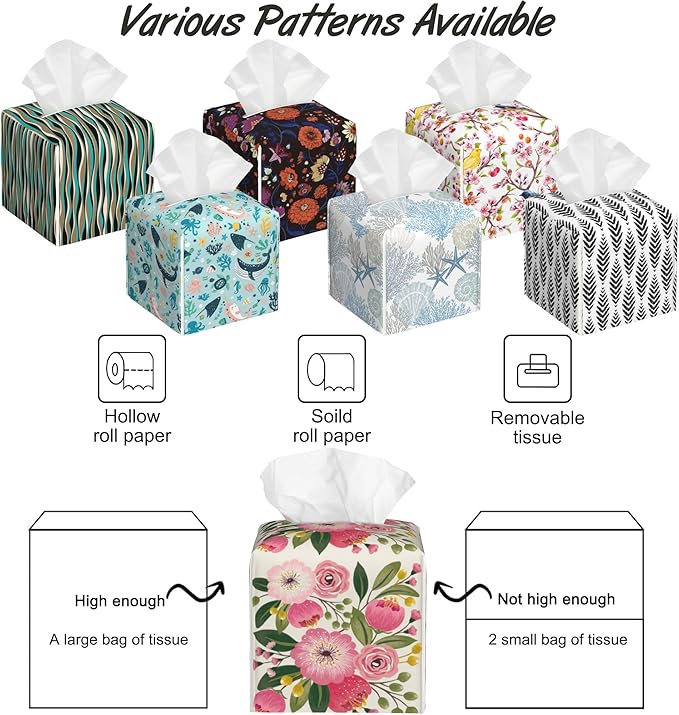 Spring Flowers Bouquet Tissue Box Cover Square,Tissue Box Holder with Belt Bottom,Stylish Leather Napkin Holder for Vanity Countertop,Nightstands,Office Desk,5.2"×5.2"×5.2"