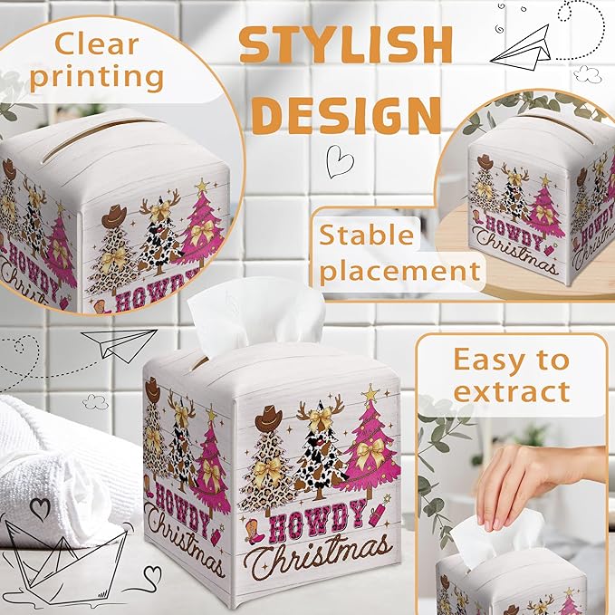 Christmas Tissue Box Holder, Pink Western Cowboy Christmas Trees Leather Tissue Box Cover Square, Coquette Xmas Bow Paper Facial Decorative Tissues Cover for Bathroom Office Home Decor-B04