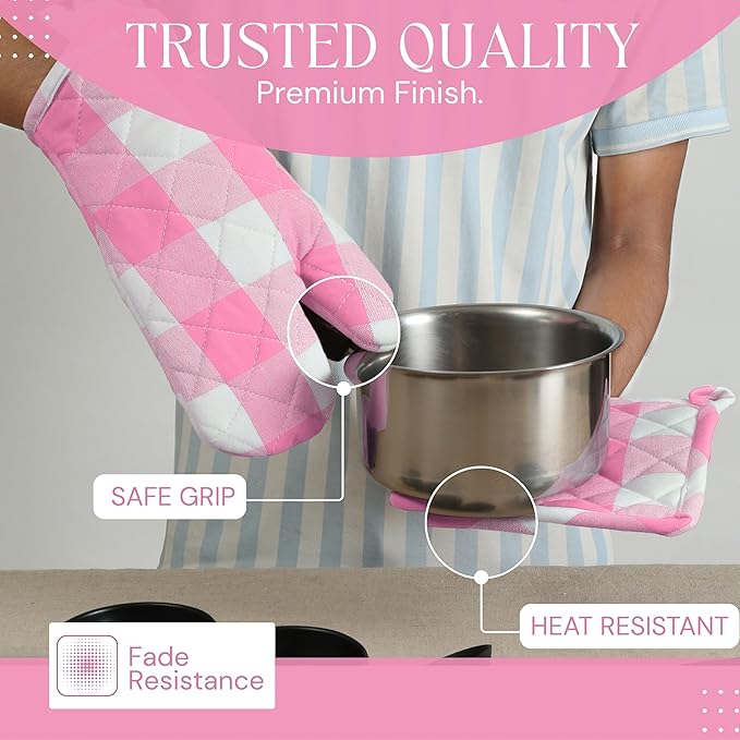 Buffalo Plaid Check Oven Mitts and Pot Holders Set, 100% Cotton, Heat Resistant, 2 Oven Gloves (7x13 Inches) and 2 Hot Pads (8x8 Inches) for Cooking and Baking, Rose Pink White