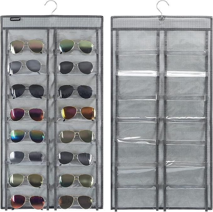 ANZORG Dual Sided Hanging Sunglasses Organizer Wall Eyeglass Holder Sunglass Rack for Home with 32 Dust Proof Pockets (32 Pockets-Grey)