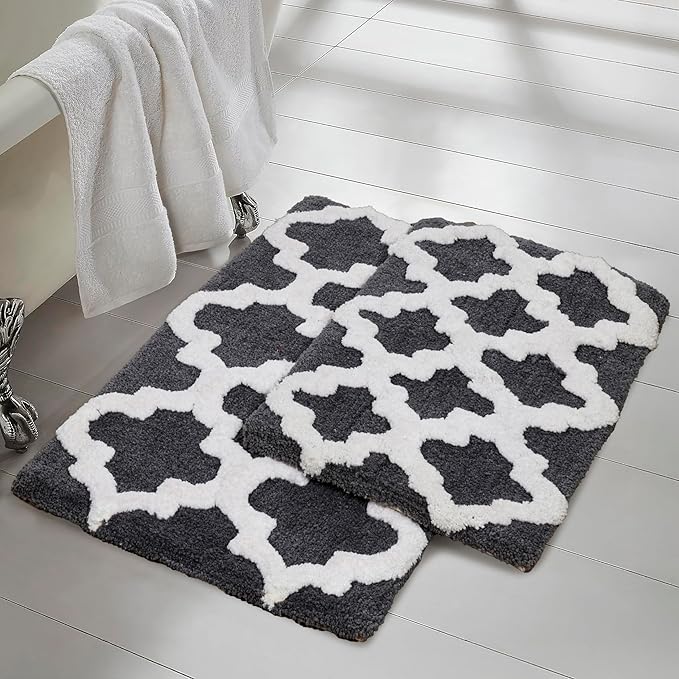 C23 Luxury Trellis Bath Rug Set of 2 (Charcoal Grey & White) 20"x32" & 16"x24" | 2200 GSM Ultra-Thick High-Density Plush | Decorative Non-Slip Bathroom Mats | Hotel Quality, Machine Washable