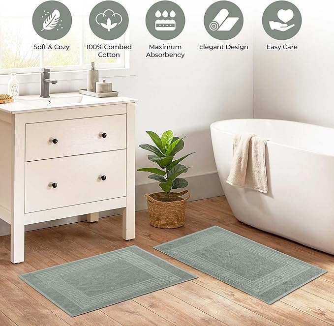 Superior Heavyweight Cotton Bath Mats, Bath Rugs For Bathroom Accessories, Washable Rug For Shower, Bath, Toilet, Modern Decor, No Backing, Luxury Hotel And Spa Quality, Set of 2, 22" x 35", Sage