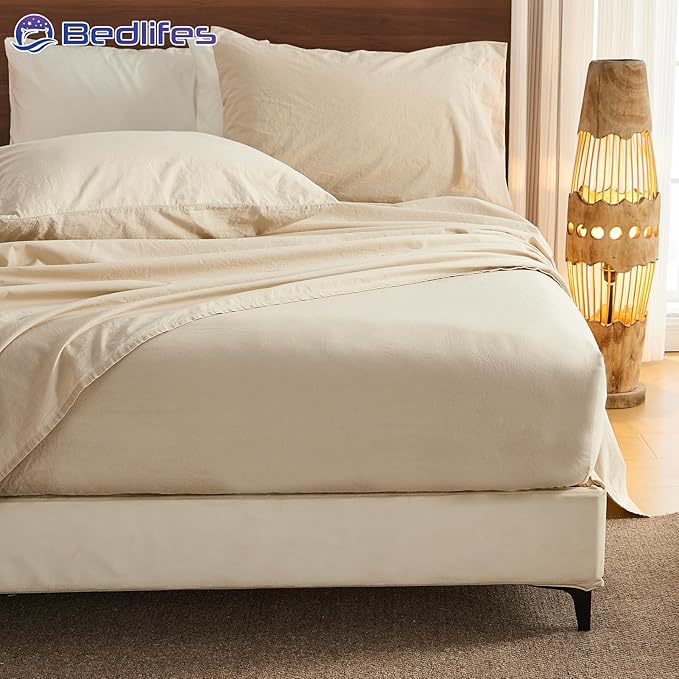 Bedlifes 100% French Pure Linen Sheets California King Size Breathable and Cooling Flax Sheet Set Soft Durable and Moisture Wicking 16 Inch Deep Pocket-4 Piece(Cal King,Linen)