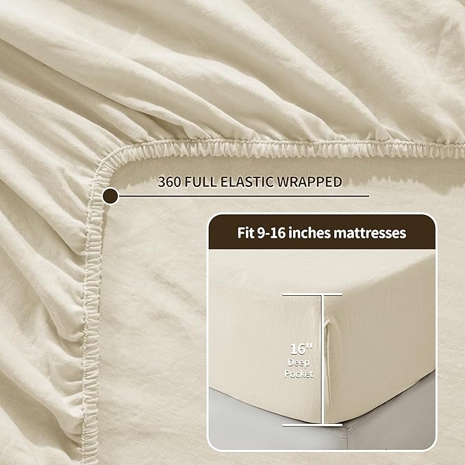 LBRO2M 100% Linen Sheet Set 16" Deep Pocket California King Size,Bed Sheets 4 Piece Sets,Solid Color Natural Flax Bed Sheets Soft Breathable Bedding,All Season (Clifornia King, Beige)