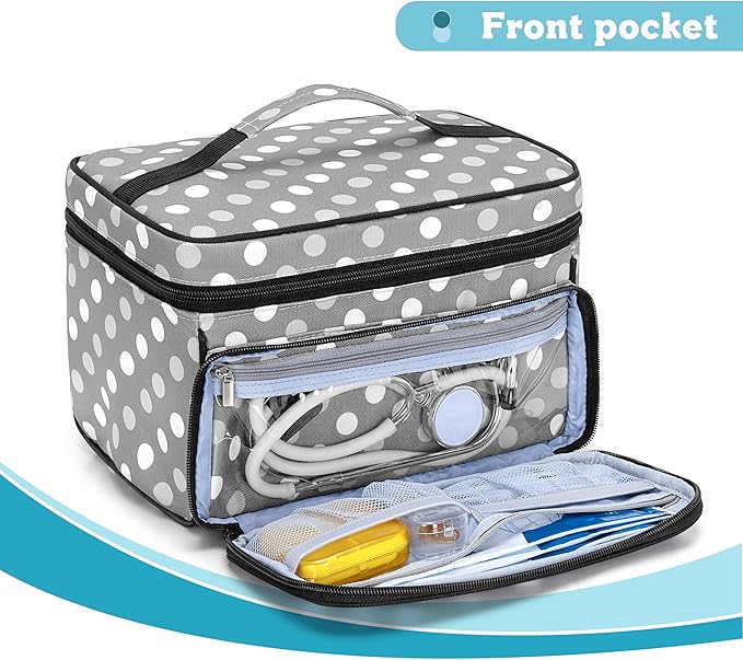 LUXJA Medicine Bag with 2 Detachable Clear Pouches, Pill Bottle Organizer with Detachable Dividers (Suitable for Home or Travel Use), Gray Dots