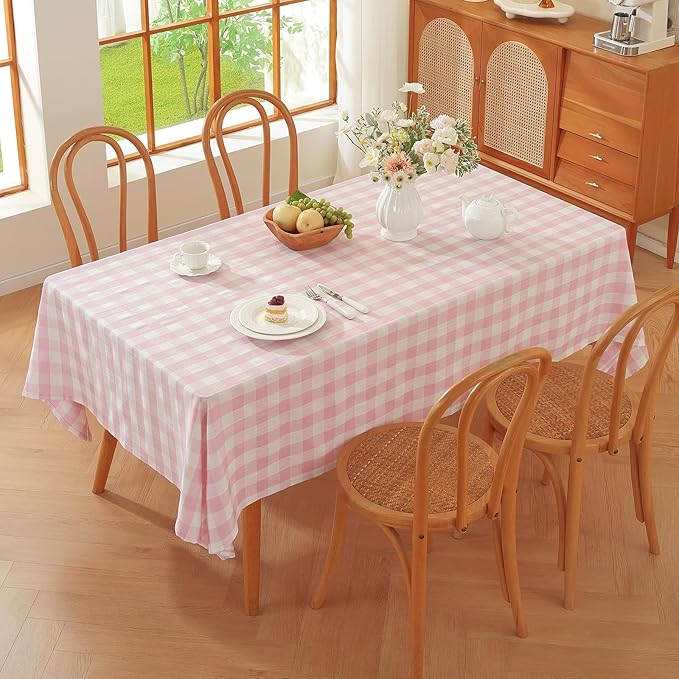 Alsoo Gingham Tablecloth Rectangle Checkered Table Cloth Cotton Linen Fabric Wrinkle Free Washable Buffalo Plaid Table Cover for Kitchen Dining Picnic Camping, Pink and White, 60 * 60 inch