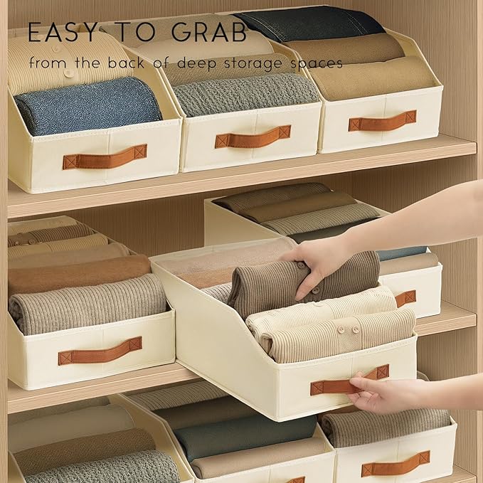 Homsorout Fabric Storage Bins for Organizing - 6 Pack Large Trapezoid Collapsible Storage Bins with Front Handle, Closet Organizers and Storage for Bedroom, Home Shelves, Small Spaces, Beige