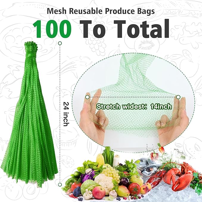 Shellvcase 100Pcs Reusable Produce Mesh Bags, Onion Fruits Mesh Produce Bag and Seafood Boil Bag 24’’ Storage Bags for Grocery Shopping Storage of Vegetable Seafood Toy & Garden Produce(Green)