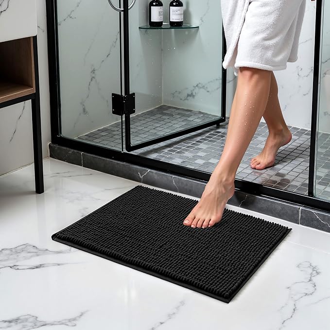 SUBRTEX Bathroom Rugs Chenille Bath Rug Soft Short Plush Bath Mat Soft Shower Mat Water Absorbent Shower Mat Quick Dry Machine Washable(Black,16" x 24")