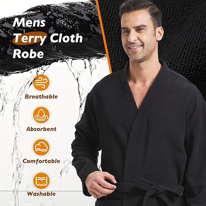 FashGudim Terry Cloth Robes for Men Big and Tall Short Mens Kimono Robe Super Absorbent Spa Bathrobe Calf Length With Pockets