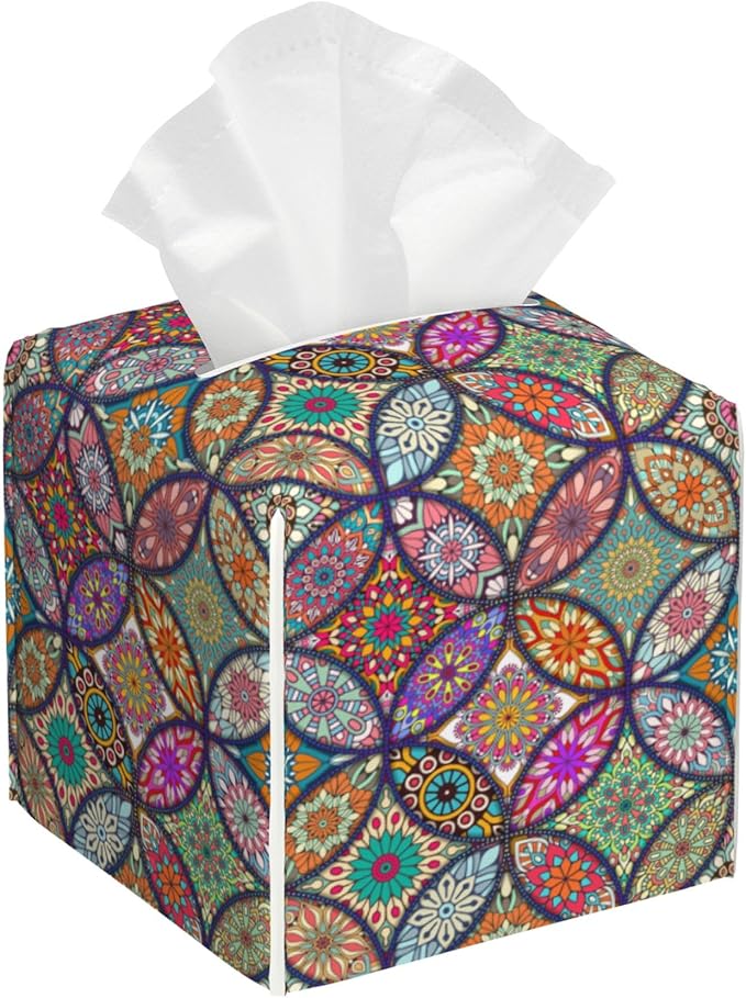 OHEGBXE Tissue Box Holder Abstract Mandela Floral Square Leather Tissue Box Cover Modern Cube Facial Paper Cover Case for Bathroom Vanity Countertop Night Stands Tabletop