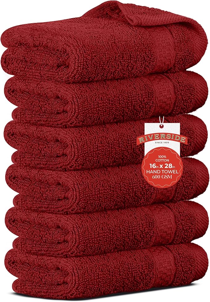 RIVERSIDE 6 Pack Premium Hand Towels Set, 16x28 inches, 100% Ring Spun Cotton, 600 GSM, Soft, Quick Dry and Highly Absorbent, Towels for Bathroom, Kitchen, Gym, Spa - Red