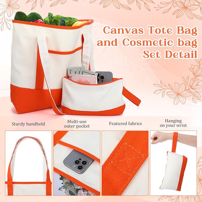 Sanwuta Canvas Tote Bags Bulk with Outer Pocket and Makeup Pouch 18'' Reusable Grocery Bags with Handles for Women Beach DIY