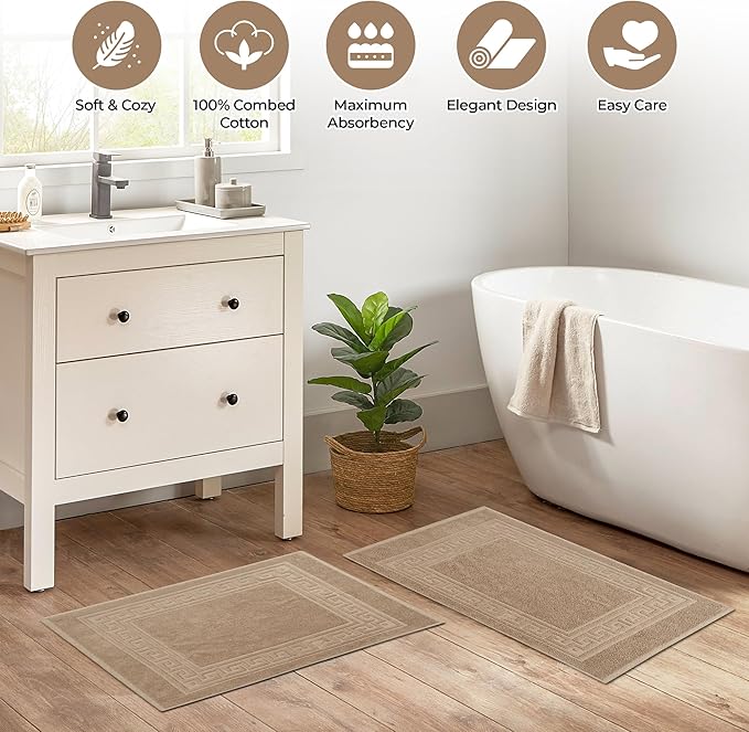 Superior Heavyweight Cotton Bath Mats, Bath Rugs For Bathroom Accessories, Washable Rug For Shower, Bath, Toilet, Modern Decor, No Backing, Luxury Hotel And Spa Quality, Set of 2, 22" x 35", Taupe