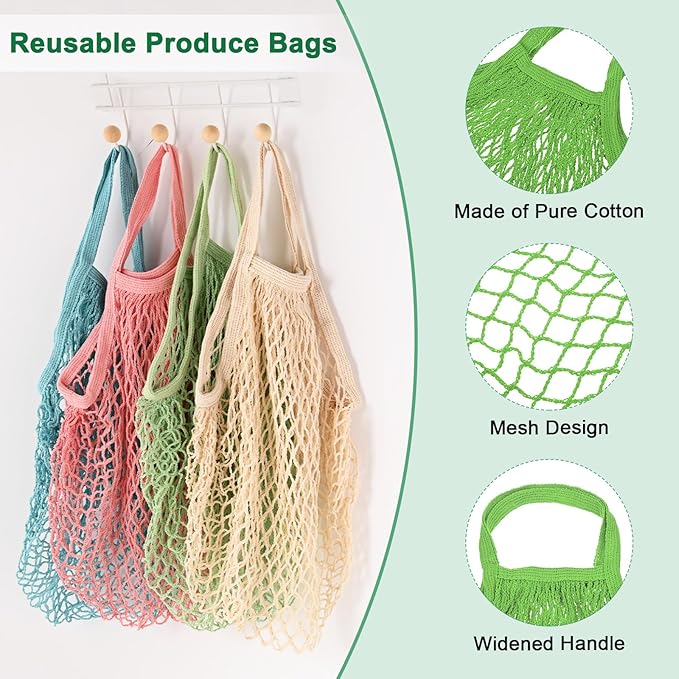 M METERXITY 1-Pack Cotton Mesh Bag, Reusable Washable Mesh Net String Grocery Bags, Reusable Produce Bags with Handle, Net Tote Bag for Fruits/Vegetables Shopping [Green, Short Handle]