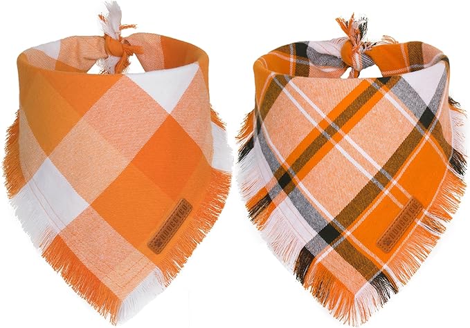 ADOGGYGO Fall Dog Bandanas, Halloween Thanksgiving Pet Bandana, Multiple Sizes Offered, Orange Plaid Fall Holiday Bandana for Small Dogs Pets (Small)