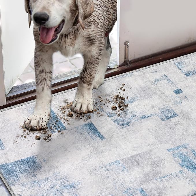 COMSLE Door Mat, Front Door Mat Indoor for Entrance Faux Wool Absorbent Non Slip Modern Throw Rug for Entryway Bedroom Muddy Paws - Pet Friendly, 47x71 Inches,Square Blue Machine Washable
