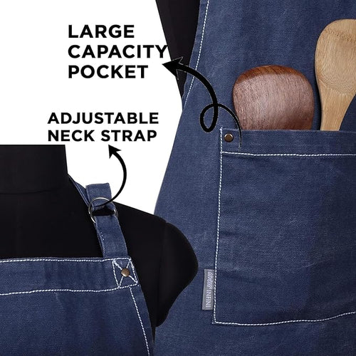 AMOUR INFINI Cotton Solid Aprons for Women with Pocket, Adjustable Strap and Waist Ties Washed Chef Aprons for Cooking, Baking and Gardening (27.5x33 Inches - Blue)