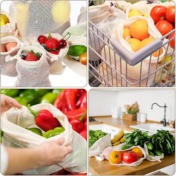 Dimeho 28 Pack Reusable Produce Bags, Mesh Vegetable Bags Washable Cotton Grocery Produce Bag with Drawstring for Vegetable Shopping Transporting Storing Farmers Market Beach