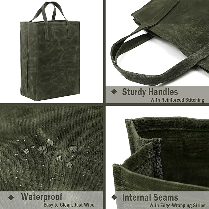 Kaaltisy Waxed Canvas Reusable Grocery Bag Heavy Duty Waxed Shopping Bag Self-Standing Vegan Farmers Market Bag, Tall, Hard Handfeel