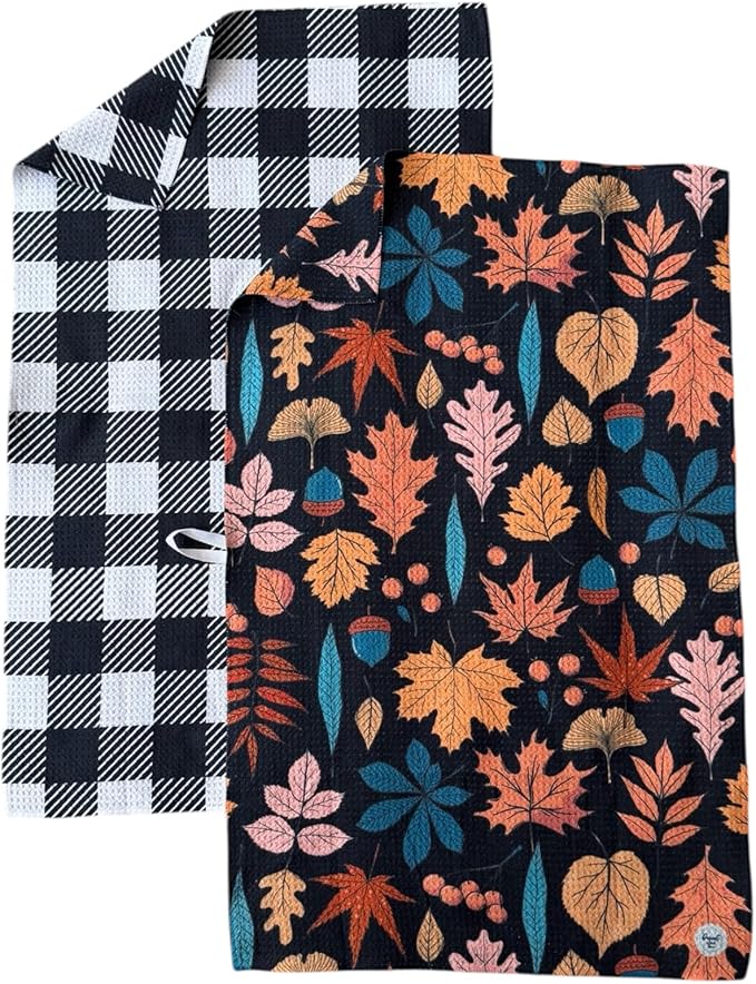 Desert Aqua 2 Pack || Double Sided|| Not Your Ordinary Kitchen Towels || Dish Towels || Quick Dry || Waffle Weave Microfiber || Designer Prints || Highly Absorbent || Hanging Hook (Fall Leaves Black)