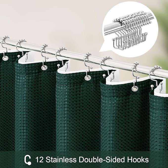 Craidlela 3 in 1 Extra Long Dark Green Shower Curtain Set-72 W x 84 H, Modern Waffle and PEVA Liner Set with 12 Stainless Steel Hooks, Waterproof Fabric for Bathroom