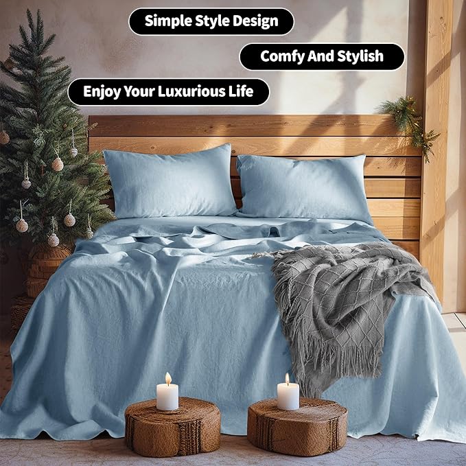 LBRO2M 100% Linen Sheet Set King Size,Bed Sheets 4 Piece Sets,Solid Color Natural Flax Bed Sheets Soft Breathable Bedding,16" Deep Pocket,All Season (King, Dusty Blue)