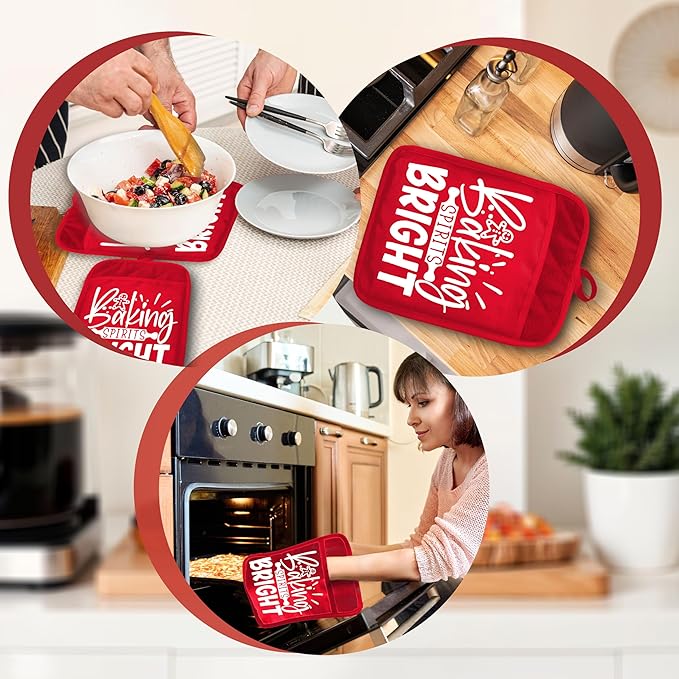 Red Christmas Baker Pot Holders with Pockets, Baking Spirits Bright Holiday Christmas Gingerbread Oven Pot Holders Heat Resistant Oven Mitts Hot Pads for Kitchen Baking Cooking